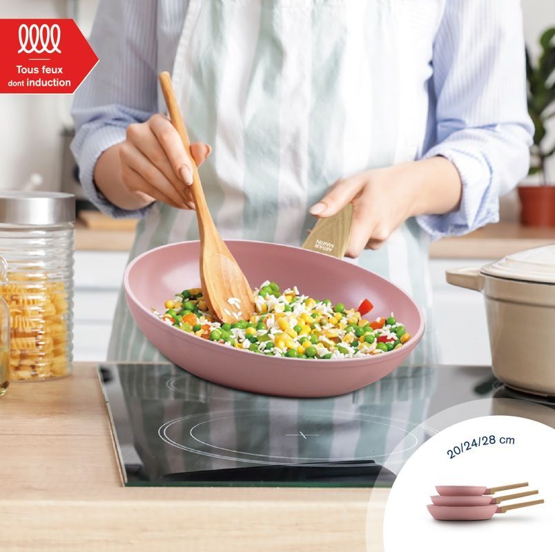 Set de 3 poeles - Tous feux dont induction - ARTHUR MARTIN - AM5388 - Revetement céramique - Ø 20-24-28 cm - Rose