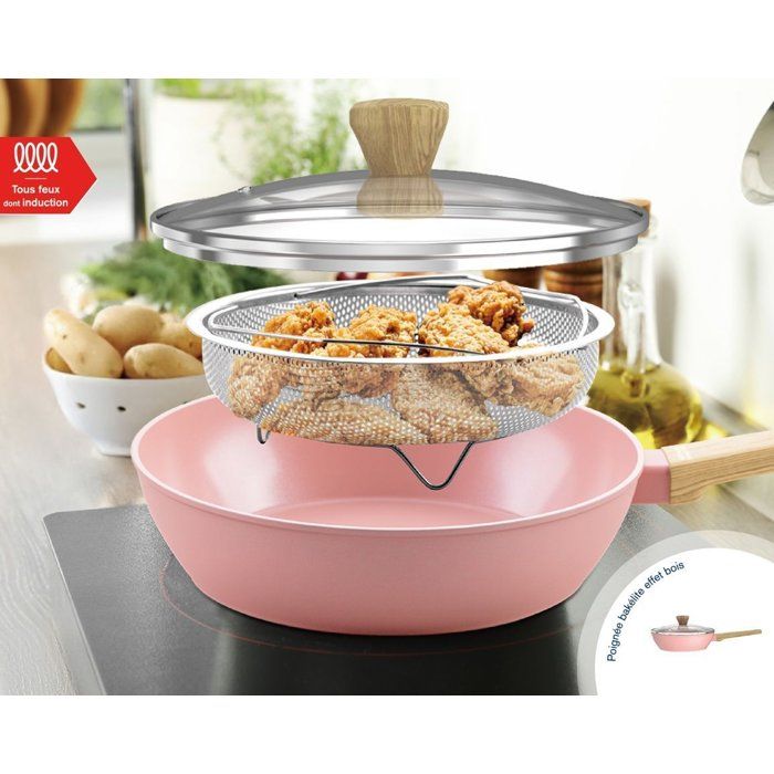 Sauteuse - Tous feux dont induction - ARTHUR MARTIN - AM0333 - Revetement céramique - Ø 24 cm - Avec couvercle et panier inox - Rose