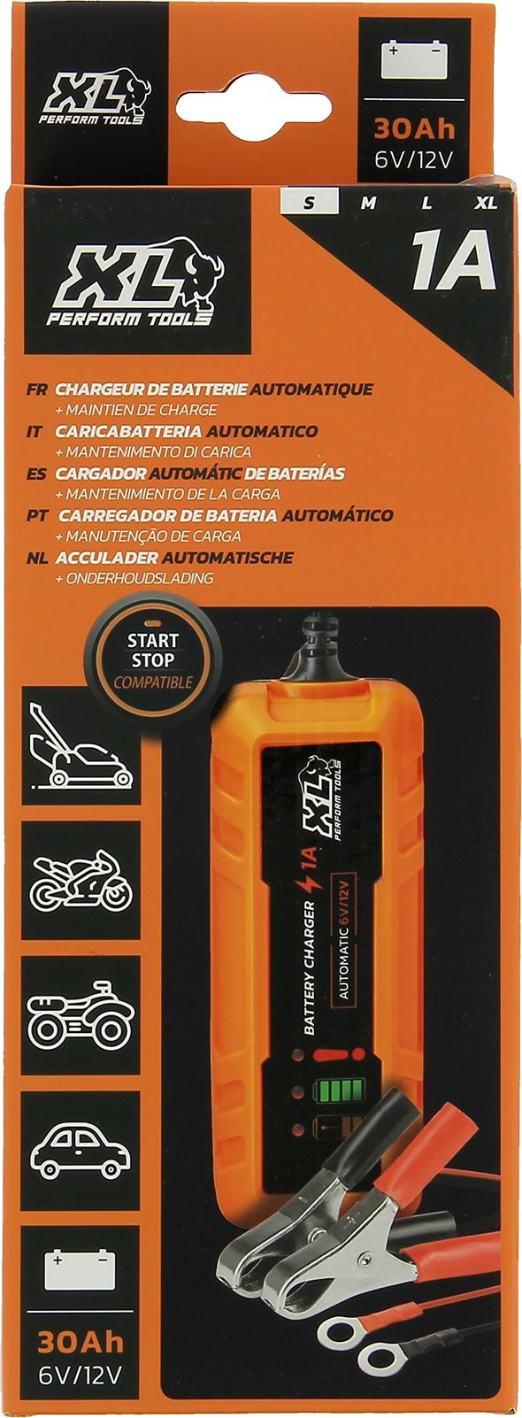 Chargeur batterie auto - XLPT - 1A - 20W - 12V - 3 m - Inclus câble détachable avec cosses a oeillet et crocodile