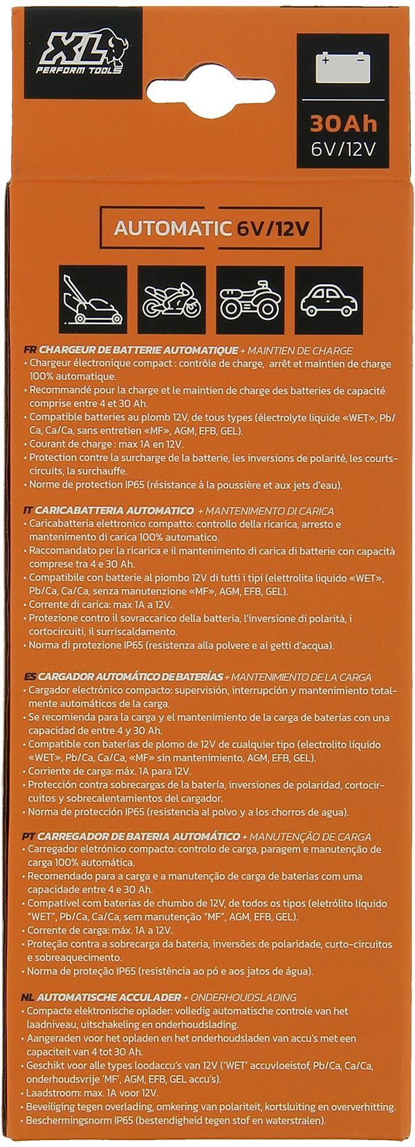 Chargeur batterie auto - XLPT - 1A - 20W - 12V - 3 m - Inclus câble détachable avec cosses a oeillet et crocodile