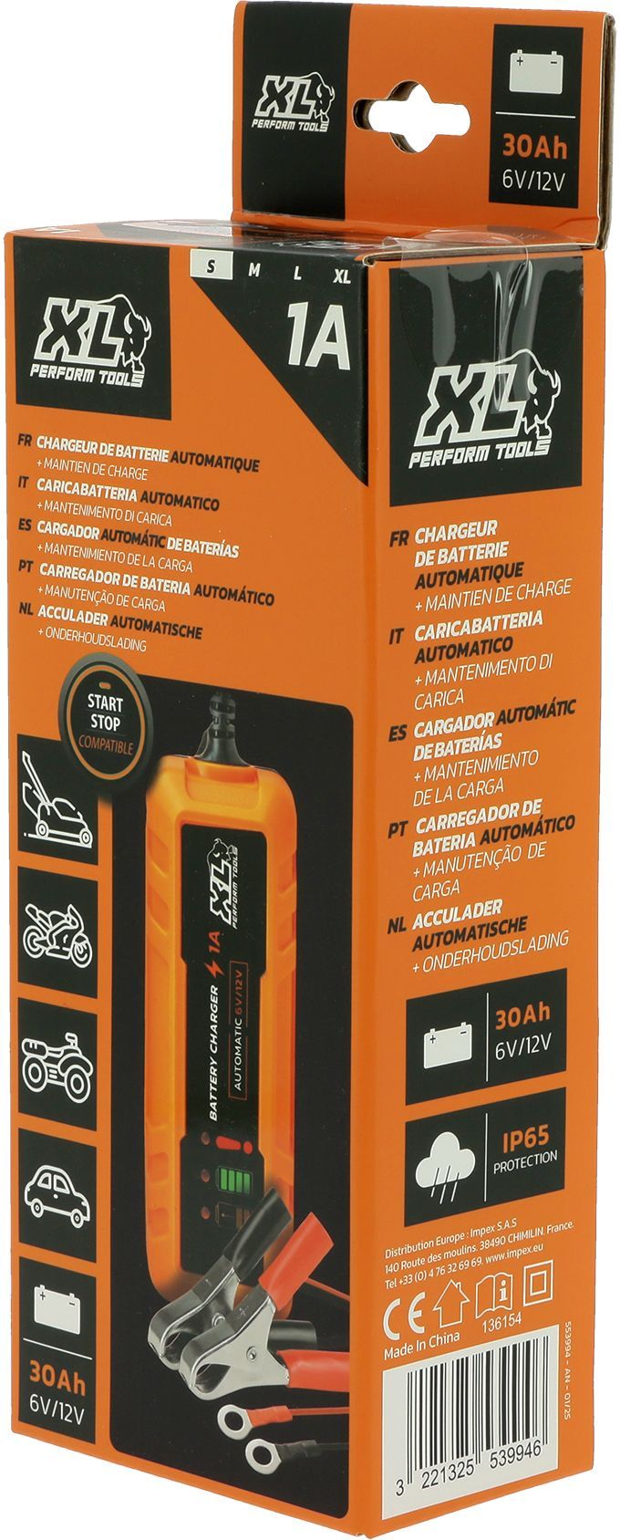 Chargeur batterie auto - XLPT - 1A - 20W - 12V - 3 m - Inclus câble détachable avec cosses a oeillet et crocodile