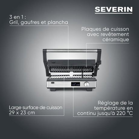 Gril multifonction 3-en-1 - SEVERIN - KG 2380 - 2000 W - 3 jeux de plaques - Ecran LED - Noir / Inox