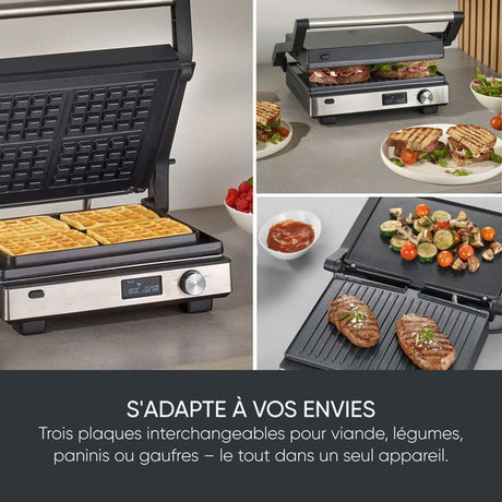 Gril multifonction 3-en-1 - SEVERIN - KG 2380 - 2000 W - 3 jeux de plaques - Ecran LED - Noir / Inox