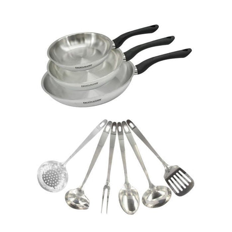 Set 3 poeles 20 24 et 28 cm en inox et 6 ustensiles inox Fackelmann Geneva