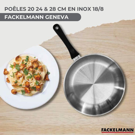 Set 3 poeles 20 24 et 28 cm en inox et 6 ustensiles inox Fackelmann Geneva
