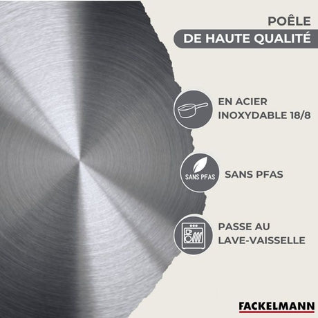 Set 3 poeles 20 24 et 28 cm en inox et 6 ustensiles inox Fackelmann Geneva