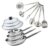 Set de 3 poeles 20, 24 et 28 cm en inox, 3 couvercles verre et 6 ustensiles inox Fackelmann Eterna