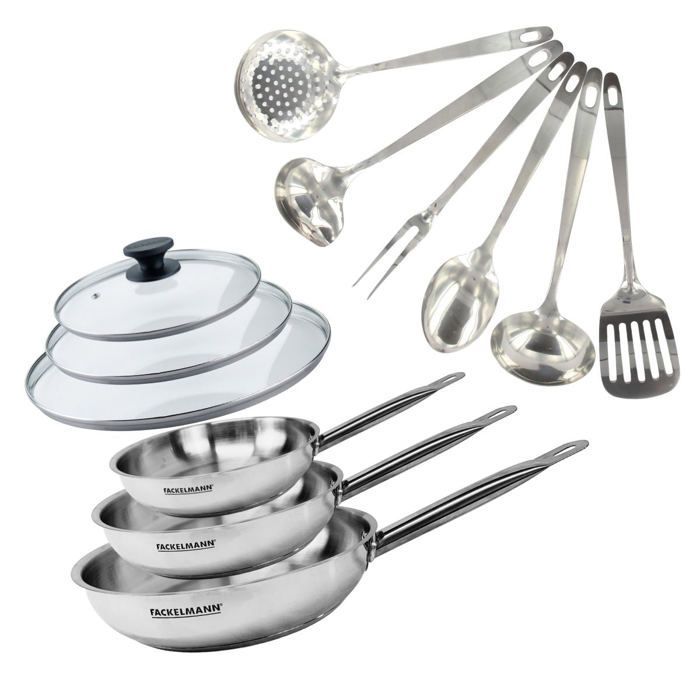 Set de 3 poeles 20, 24 et 28 cm en inox, 3 couvercles verre et 6 ustensiles inox Fackelmann Eterna