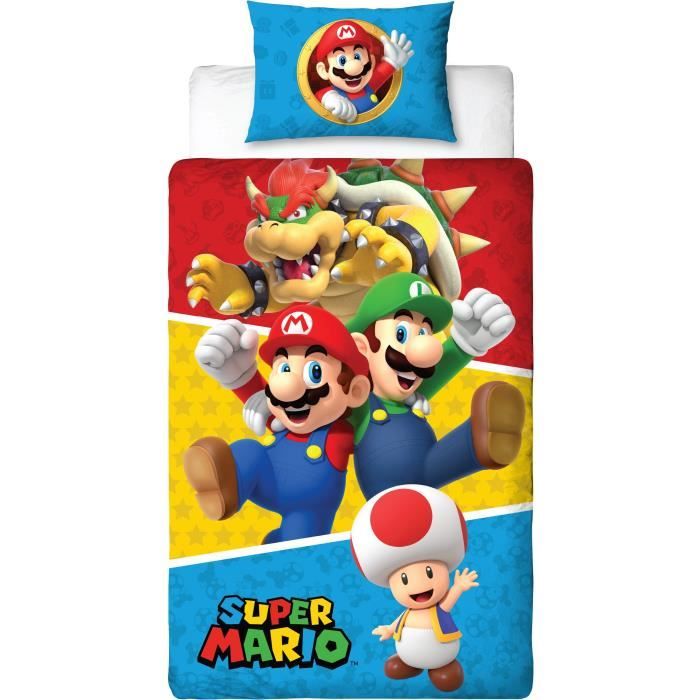 Parure de lit réversible - MARIO BROS - Mario et ses amis IV - Microfibre - 1 housse de couette 140 x 200 cm + 1 taie 63 x 63 cm