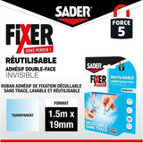 Adhésif double face extra - SADER - Fixer sans percer - Invisible - Décollable/réutilisable - Transparent - 1.5 m x 19 mm