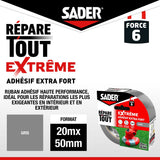 Adhésif extra fort - SADER - Repare tout extreme - Gris - Intérieur & Exterieur - Toutes surfaces - Facile a découper - 20 m x 50 mm