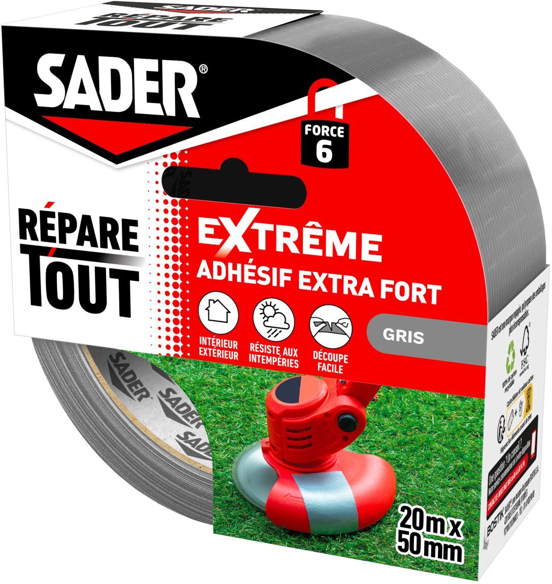 Adhésif extra fort - SADER - Repare tout extreme - Gris - Intérieur & Exterieur - Toutes surfaces - Facile a découper - 20 m x 50 mm