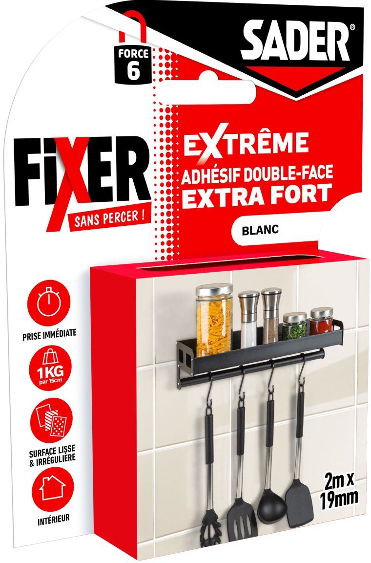 Adhésif double face extra fort - SADER - Fixer sans percer - Extreme - Intérieur - Supporte jusqu'a 10 Kg - Blanc - 2 m x 19 mm
