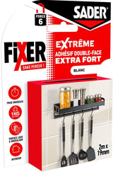 Adhésif double face extra fort - SADER - Fixer sans percer - Extreme - Intérieur - Supporte jusqu'a 10 Kg - Blanc - 2 m x 19 mm