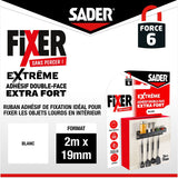 Adhésif double face extra fort - SADER - Fixer sans percer - Extreme - Intérieur - Supporte jusqu'a 10 Kg - Blanc - 2 m x 19 mm