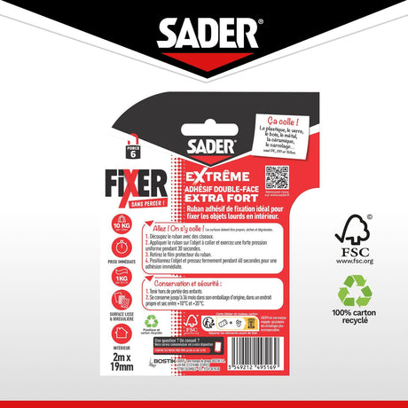 Adhésif double face extra fort - SADER - Fixer sans percer - Extreme - Intérieur - Supporte jusqu'a 10 Kg - Blanc - 2 m x 19 mm