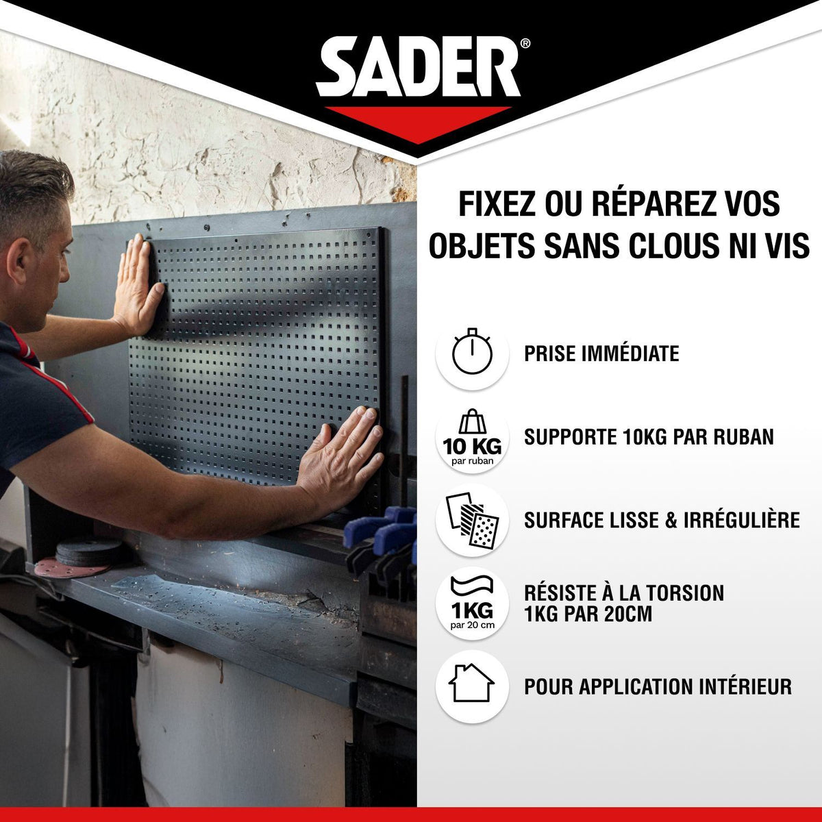 Adhésif double face extra fort - SADER - Fixer sans percer - Extreme - Intérieur - Supporte jusqu'a 10 Kg - Blanc - 2 m x 19 mm