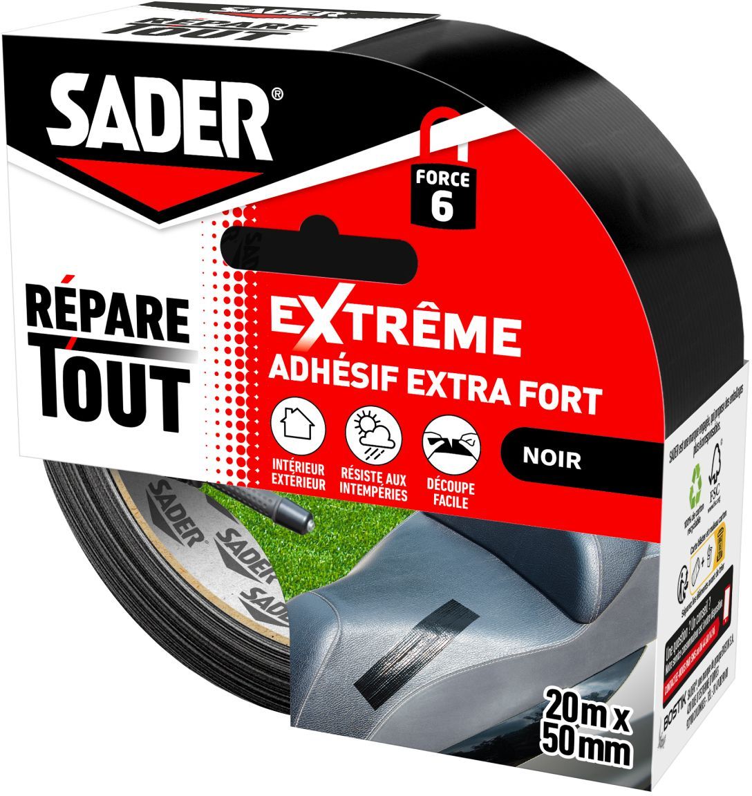Adhésif extra fort - SADER - Repare tout extreme - Intérieur & Exterieur - Toutes surfaces - Noir - Facile a découper - 20 m x 50 mm