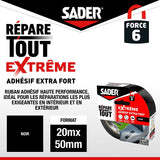 Adhésif extra fort - SADER - Repare tout extreme - Intérieur & Exterieur - Toutes surfaces - Noir - Facile a découper - 20 m x 50 mm