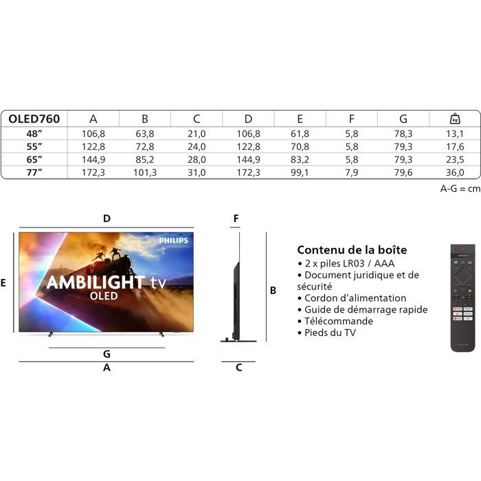 Philips 48OLED760 Ambilight - TV OLED 48 (121 cm) - 4K UHD 3840x2160 - 120 Hz - Dolby Vision - Smart TV - 4xHDMI
