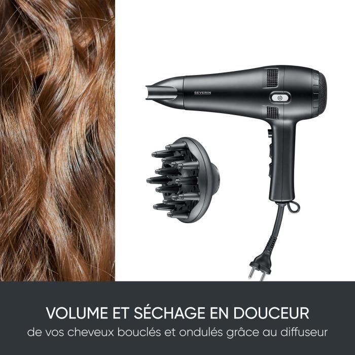 Seche-cheveux avec câble rétractable - SEVERIN - HT 0165 - Diffuseur & Concentrateur - 2100 W - 3 niveaux de température - Noir