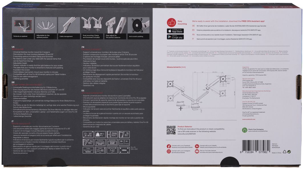 Support moniteur - ONE FOR ALL - Dynamic - Vesa 100 - Double Bras - 13 a 35'' - Blanc