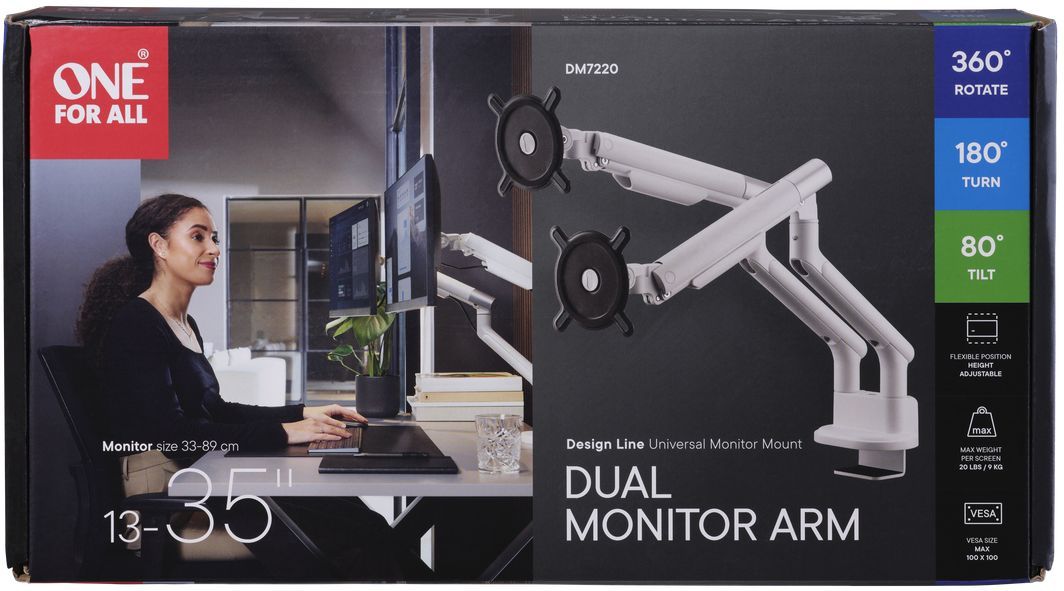 Support moniteur - ONE FOR ALL - Dynamic - Vesa 100 - Double Bras - 13 a 35'' - Blanc