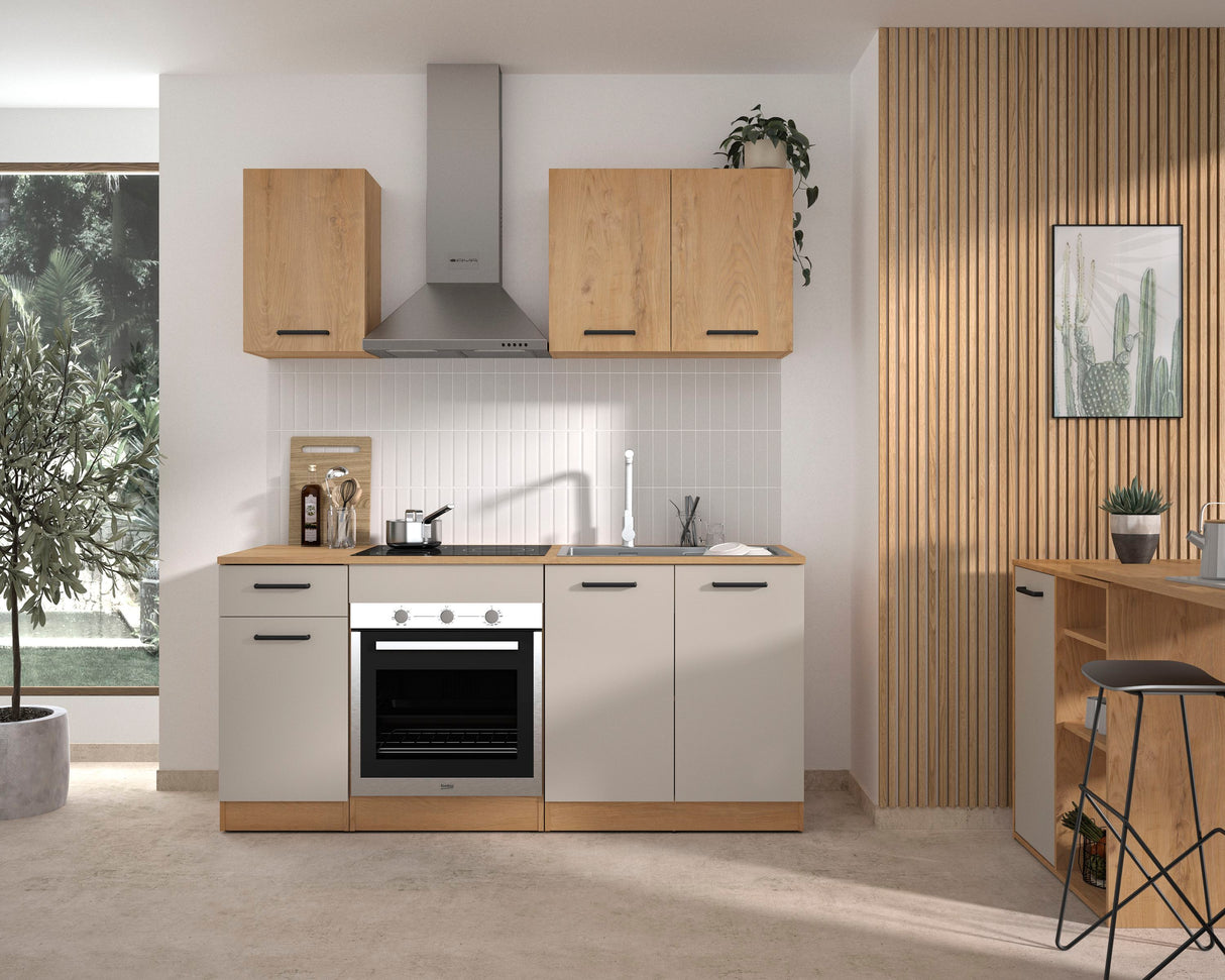 ALPAGA - Cuisine complete - Chene silva / Grege - 180 x 60/31 x 211 cm - Avec meuble four et plan de travail - GAMI