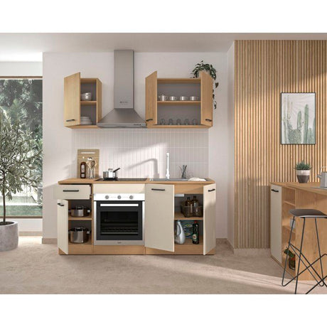 ALPAGA - Cuisine complete - Chene silva / Grege - 180 x 60/31 x 211 cm - Avec meuble four et plan de travail - GAMI