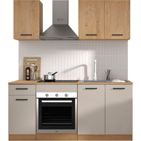 ALPAGA - Cuisine complete - Chene silva / Grege - 180 x 60/31 x 211 cm - Avec meuble four et plan de travail - GAMI