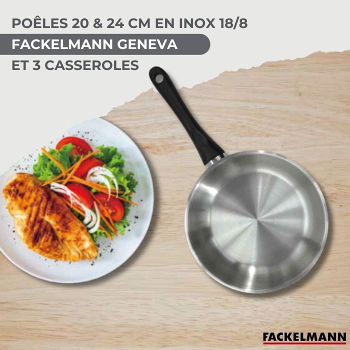 Batterie de cuisine - Tous feux dont induction - FACKELMANN - Geneva - Inox - 2 poeles 20 et 24, 3 casseroles et 6 ustensiles