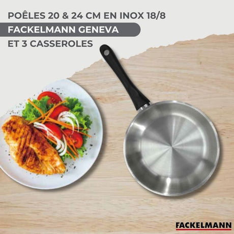 Batterie de cuisine - Tous feux dont induction - FACKELMANN - Geneva - Inox - 2 poeles 20 et 24, 3 casseroles et 6 ustensiles