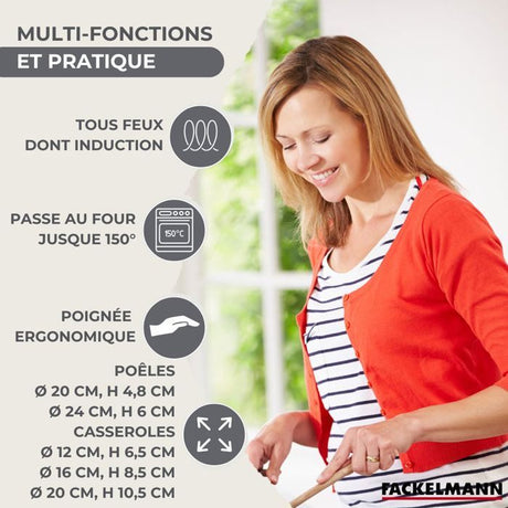 Batterie de cuisine - Tous feux dont induction - FACKELMANN - Geneva - Inox - 2 poeles 20 et 24, 3 casseroles et 6 ustensiles