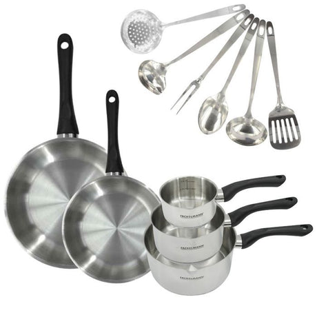 Batterie de cuisine - Tous feux dont induction - FACKELMANN - Geneva - Inox - 2 poeles 24 et 28, 3 casseroles et 6 ustensiles