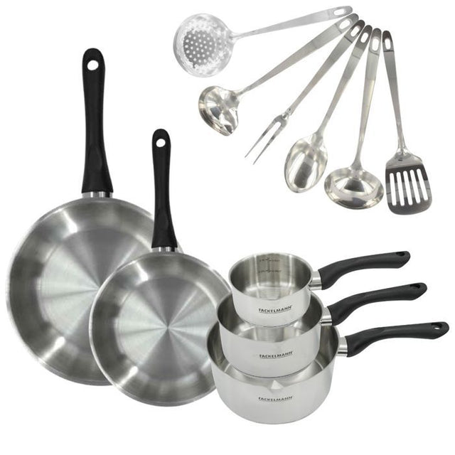 Batterie de cuisine - Tous feux dont induction - FACKELMANN - Geneva - Inox - 2 poeles 24 et 28, 3 casseroles et 6 ustensiles