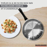 Batterie de cuisine - Tous feux dont induction - FACKELMANN - Geneva - Inox - 2 poeles 24 et 28, 3 casseroles et 6 ustensiles