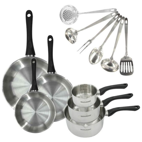 Batterie de cuisine a induction - FACKELMANN - Geneva - Inox 18/8 - 12 pieces - 3 poeles, 3 casseroles et 6 ustensiles