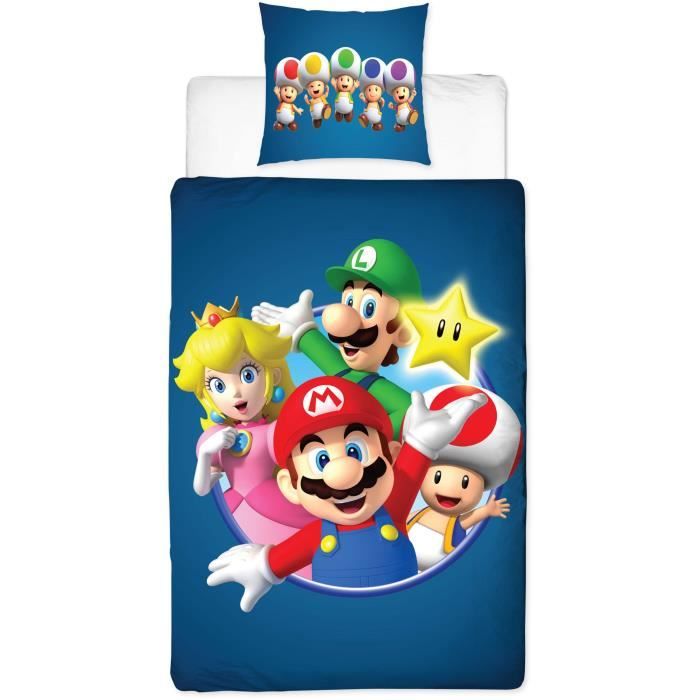 Parure de lit réversible - MARIO BROS - Mario et ses amis - Microfibre - 1 housse de couette 140 x 200 cm + 1 taie 63 x 63 cm