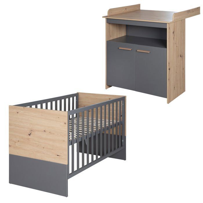 Chambre bébé duo : Lit 60 x 120 cm + commode a langer évolutive - ANNA - ROBA - Chene Kent / Anthracite