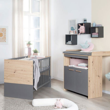 Chambre bébé duo : Lit 60 x 120 cm + commode a langer évolutive - ANNA - ROBA - Chene Kent / Anthracite