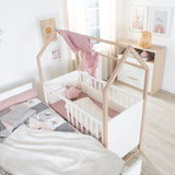 Chambre bébé complete : Lit 60 x 120 cm + commode a langer évolutive + armoire - CABANE - ROBA - Chene / Blanc