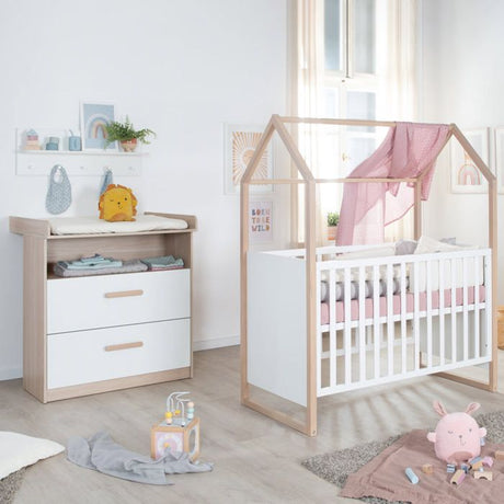 Chambre bébé duo : Lit 60 x 120 cm + commode a langer évolutive - CABANE - ROBA - Chene / Blanc