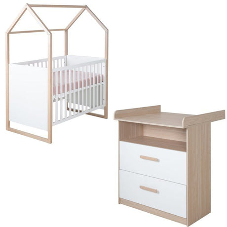Chambre bébé duo : Lit 60 x 120 cm + commode a langer évolutive - CABANE - ROBA - Chene / Blanc