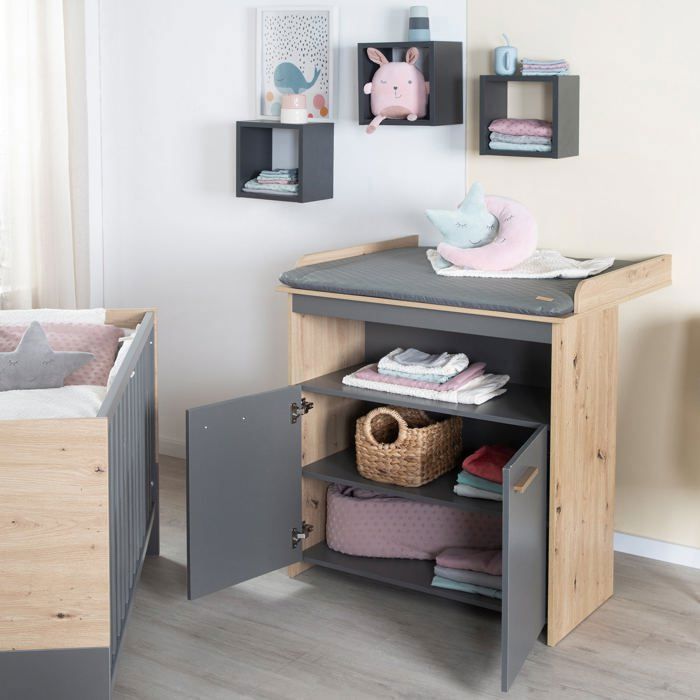 Chambre bébé complete : Lit 60 x 120 cm + commode a langer + armoire - ANNA - ROBA - Chene Kent / Anthracite