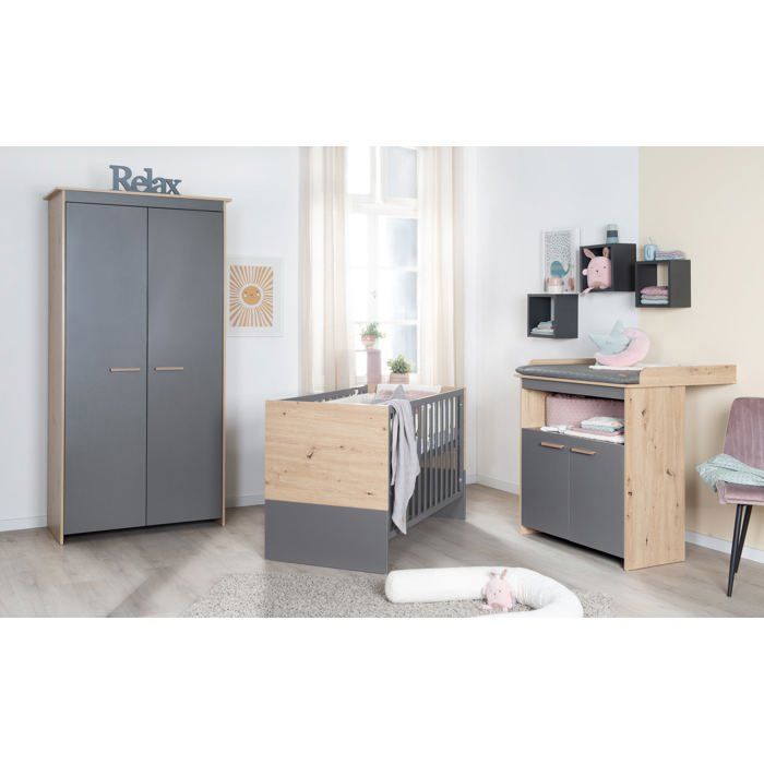 Chambre bébé complete : Lit 60 x 120 cm + commode a langer + armoire - ANNA - ROBA - Chene Kent / Anthracite