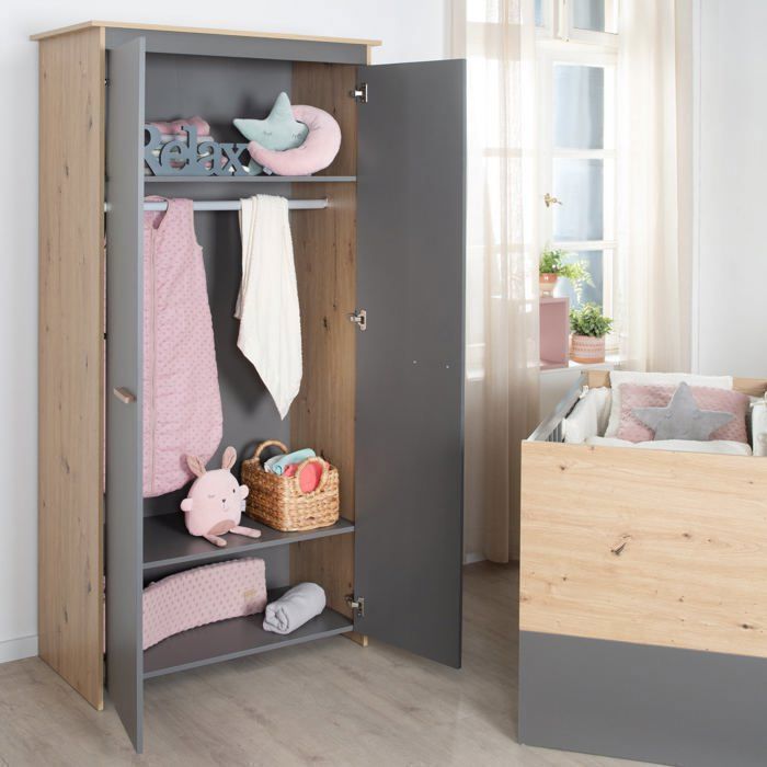 Chambre bébé complete : Lit 60 x 120 cm + commode a langer + armoire - ANNA - ROBA - Chene Kent / Anthracite