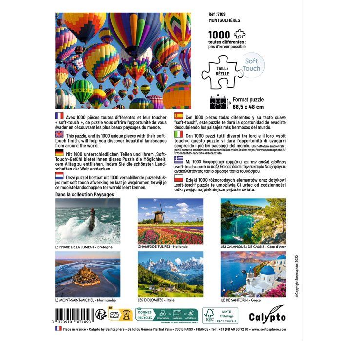 Puzzle - SENTOSPHERE - Calypto - 1000 pieces - Montgolfieres - Toucher soyeux - Des 9 ans