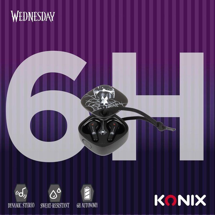 Ecouteurs - San fil - Konix - Mercredi - Smartphones et tablettes - Autonomie 6 h + 22 h boitier - Résistance IPX4 - Noir