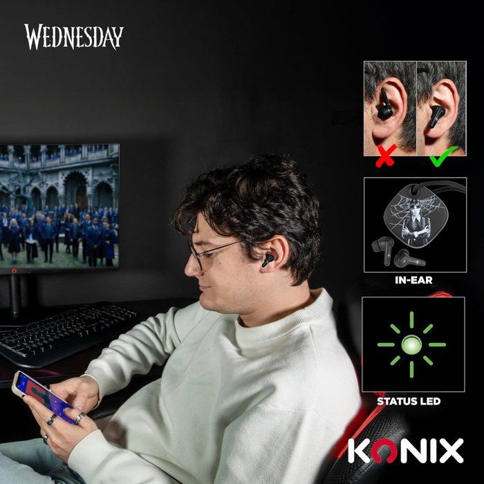 Ecouteurs - San fil - Konix - Mercredi - Smartphones et tablettes - Autonomie 6 h + 22 h boitier - Résistance IPX4 - Noir