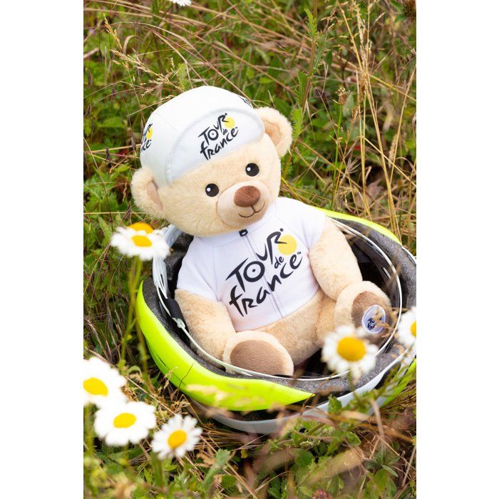 Peluche officielle du Tour de France - GIPSY TOYS - Ours maillot et casquette meilleur jeune vainqueur blanc - 24 cm